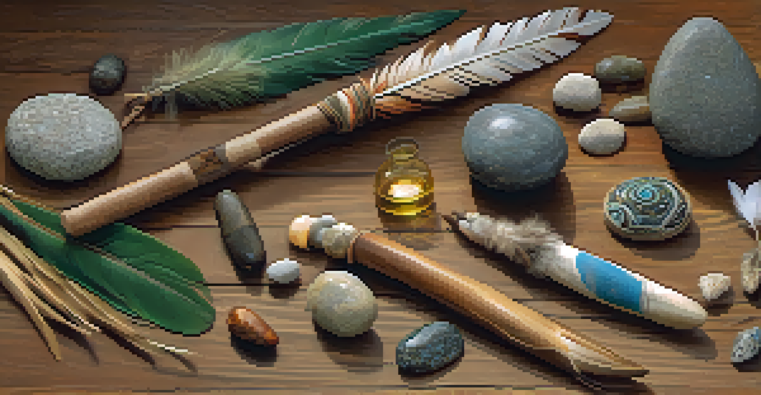 An array of shamanic tools including feathers, stones, and herbs displayed on a wooden surface, illuminated by soft natural light.