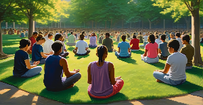 A diverse group of people in a circle, engaged in prayer in a lush green park during golden hour, with sunlight filtering through the trees.