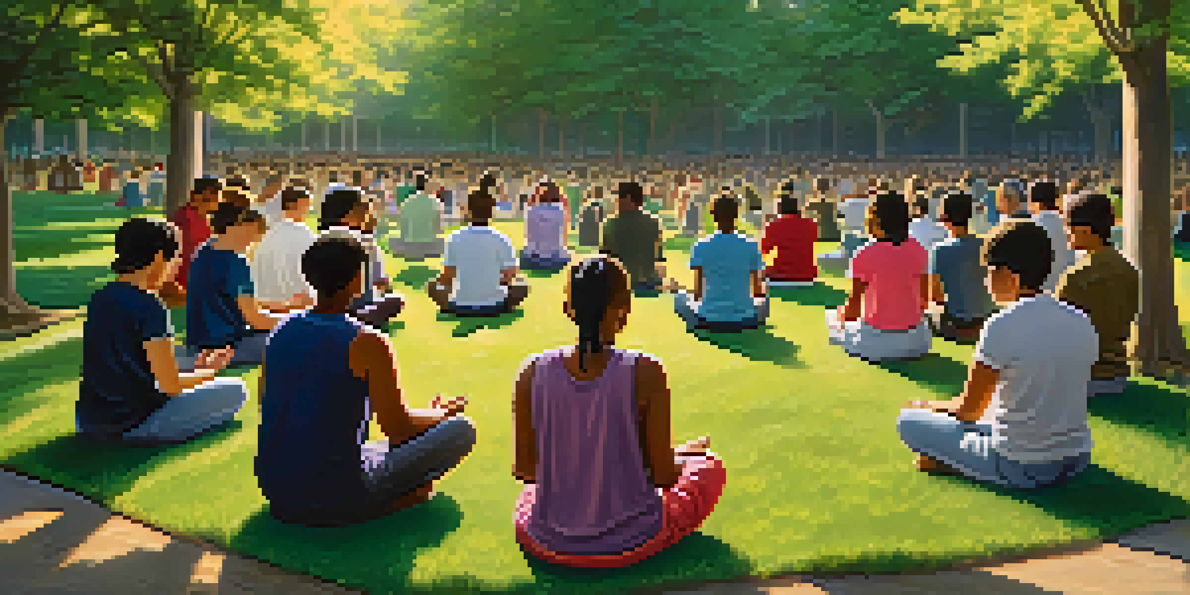 A diverse group of people in a circle, engaged in prayer in a lush green park during golden hour, with sunlight filtering through the trees.