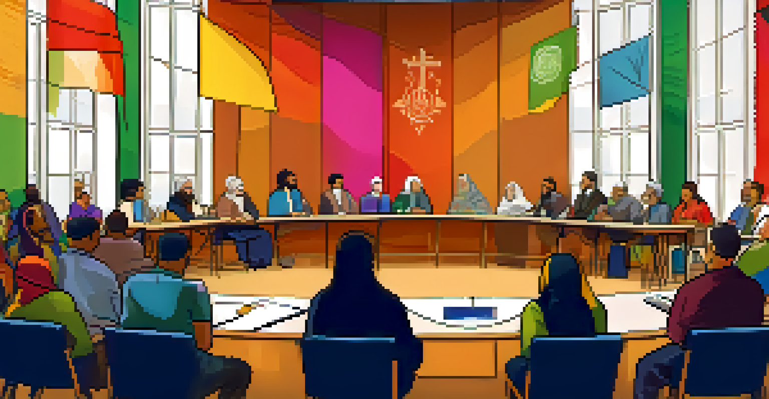 A panel discussion on social justice featuring diverse speakers from different faiths, with an engaged audience in a well-lit auditorium.