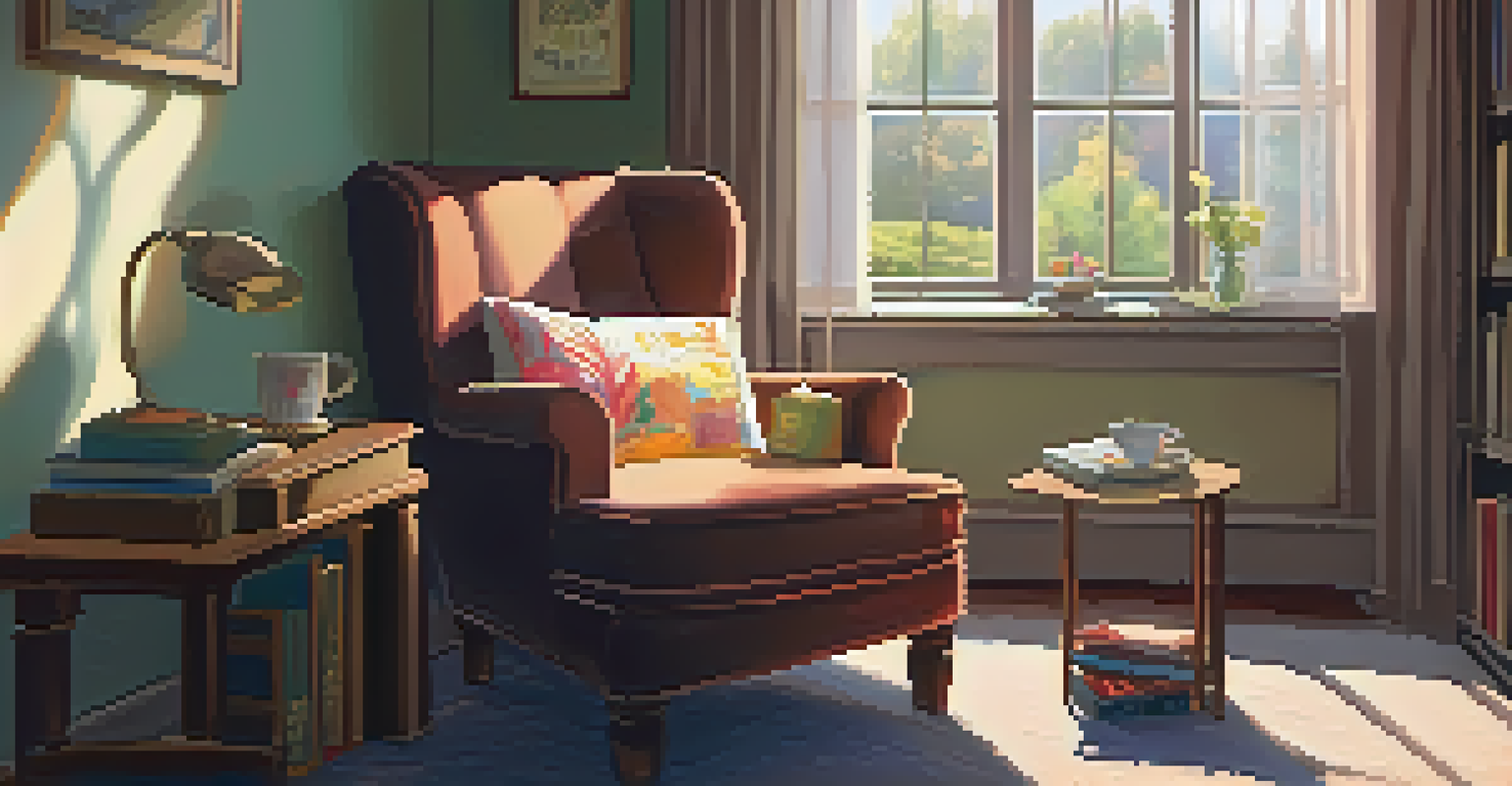A warm reading nook with an armchair, bookshelves, and sunlight streaming through the window, creating a cozy atmosphere.