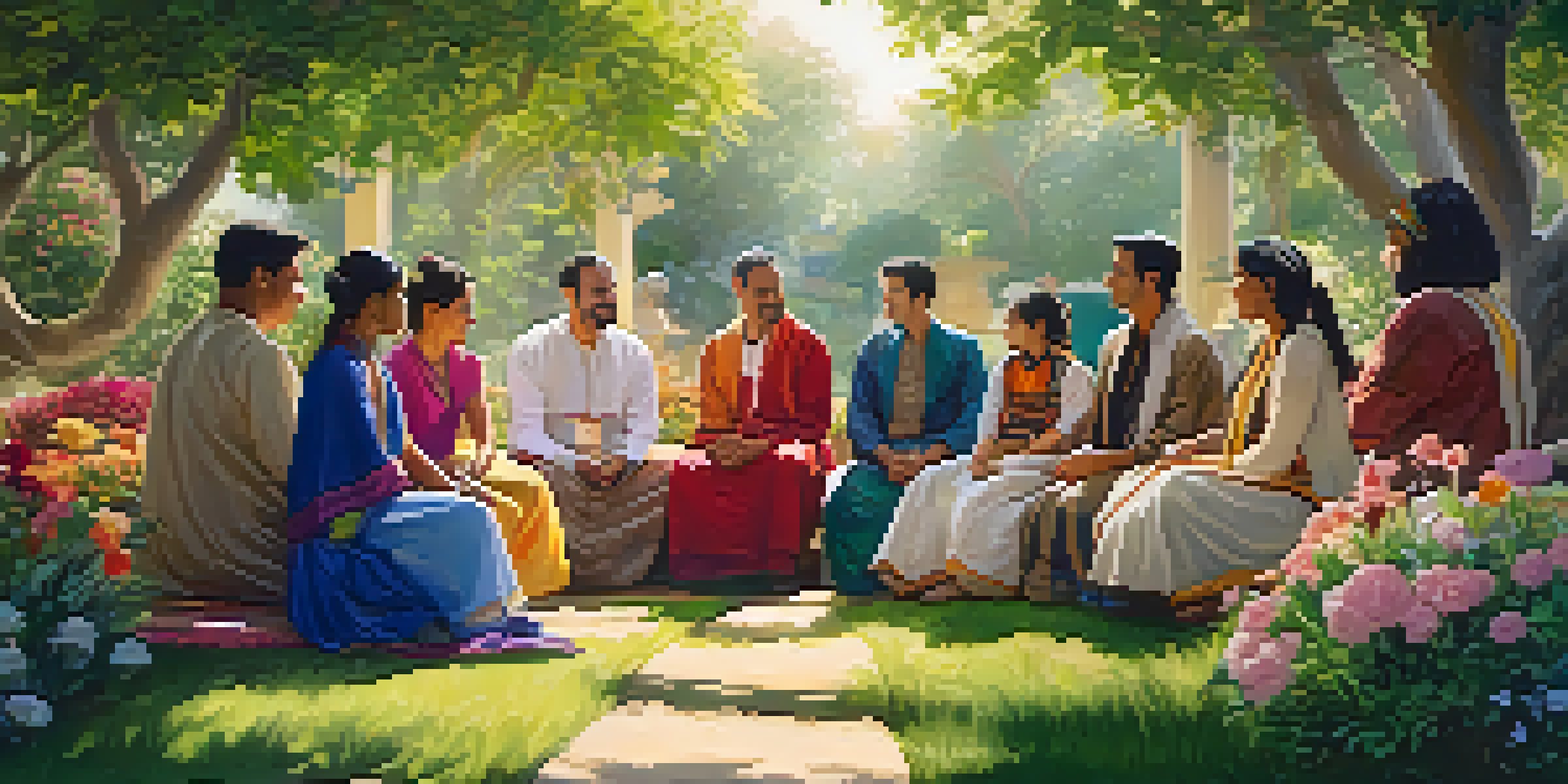 A diverse family gathering in a garden, discussing their spiritual beliefs, surrounded by greenery and flowers.