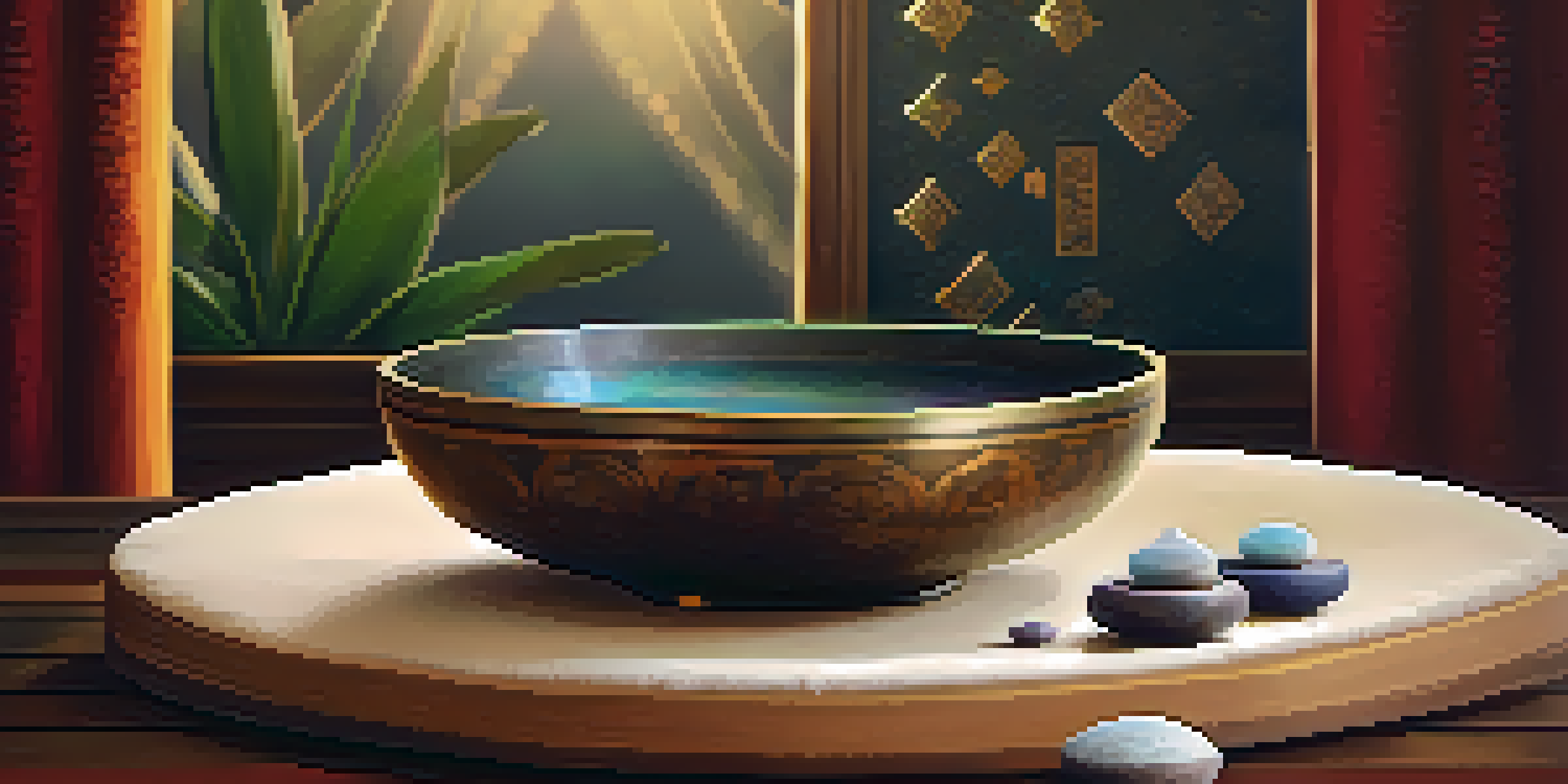 A peaceful meditation space with a Tibetan singing bowl, soft lighting, crystals, and plants, promoting a tranquil environment.