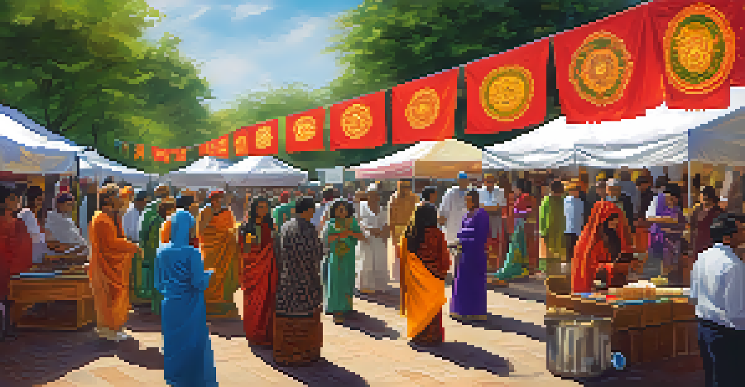 A lively community event with stalls representing different spiritual traditions and people engaging in conversation.
