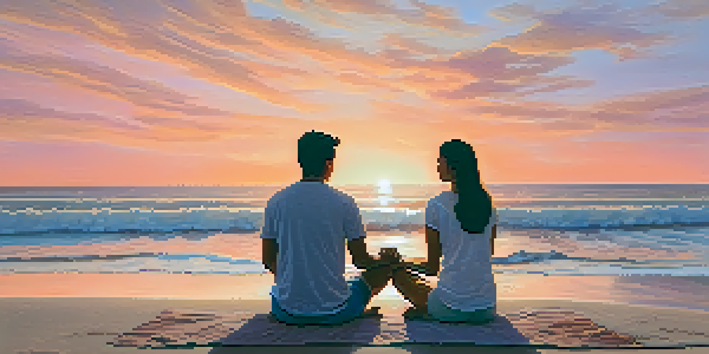 A couple meditating on a beach during sunset, with warm colors in the sky and calm ocean waves.