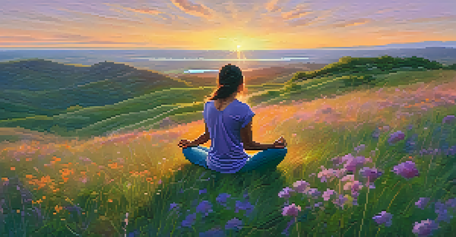 A person meditating on a grassy hilltop at sunset, surrounded by wildflowers, creating a peaceful outdoor scene.