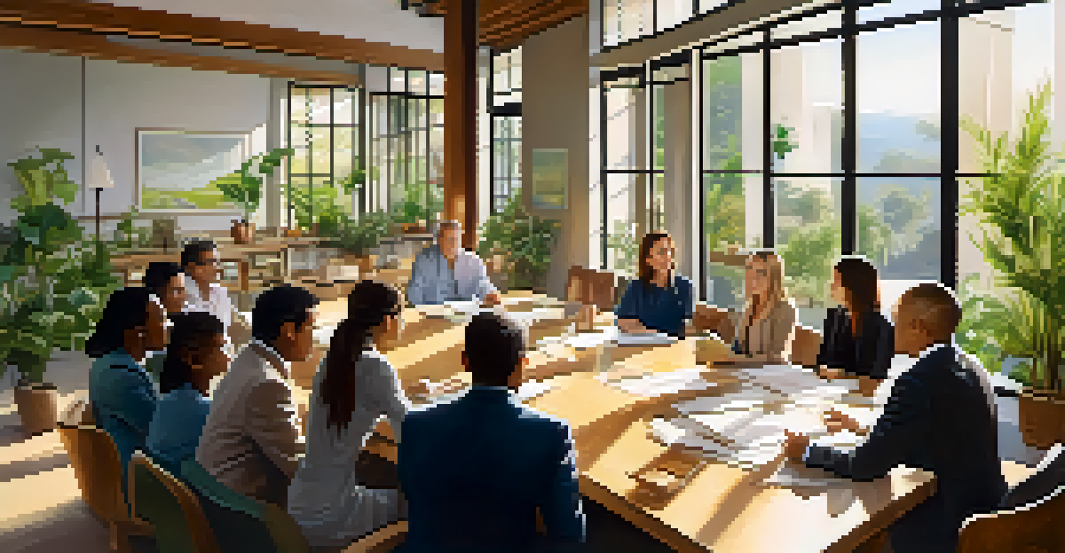 A diverse group of individuals in a modern office discussing ethical business practices around a table with sustainable materials.