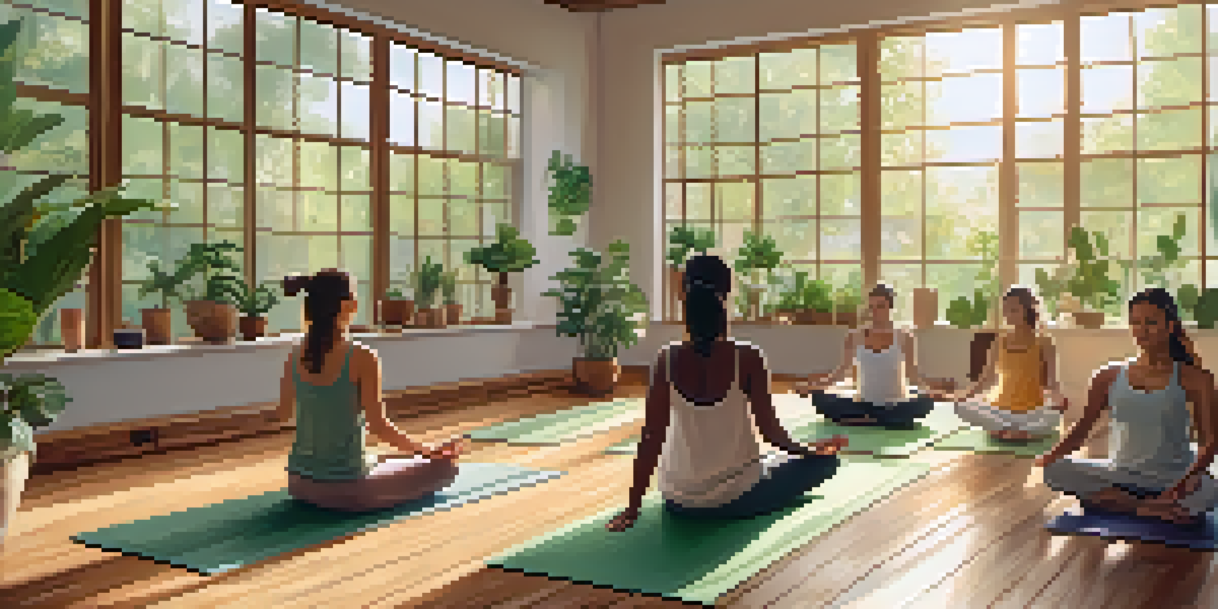 A serene yoga studio with individuals practicing yoga poses on mats, surrounded by plants and natural light.