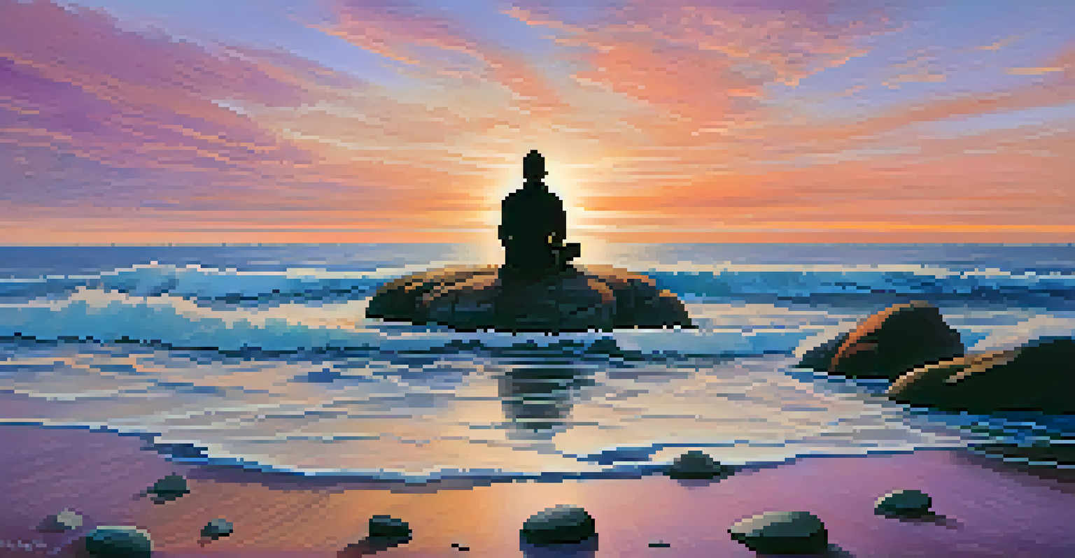 A person meditating on a beach at sunset, surrounded by rocks, with colorful skies and calm ocean waves in the background.