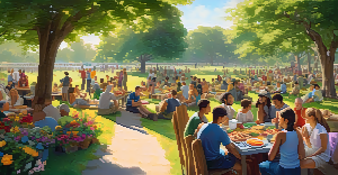 A diverse community gathers in a vibrant park, sharing food and engaging in activities under warm sunlight, surrounded by greenery and flowers.