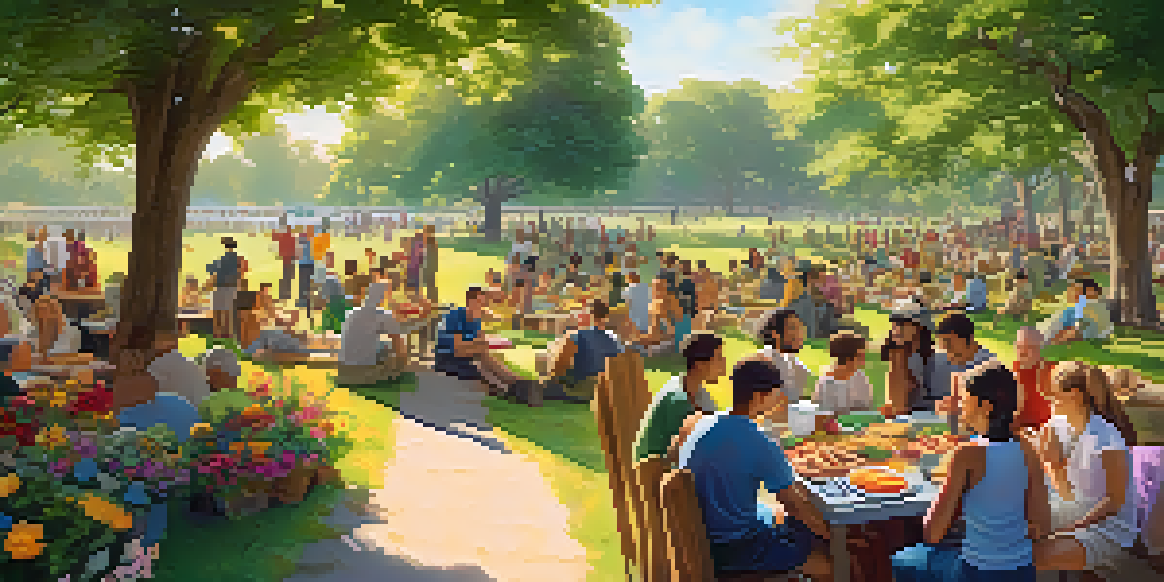 A diverse community gathers in a vibrant park, sharing food and engaging in activities under warm sunlight, surrounded by greenery and flowers.
