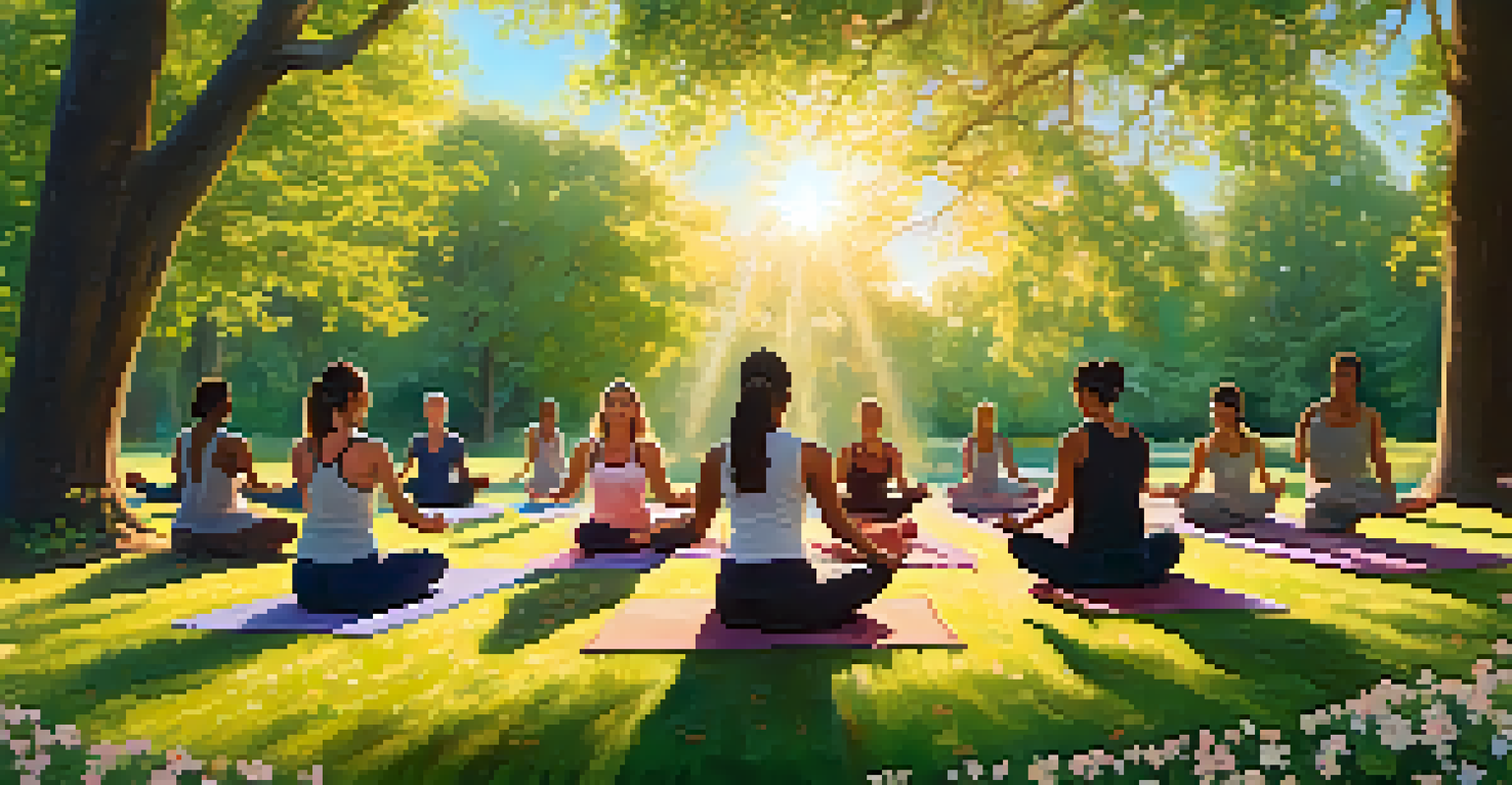 A diverse group practicing yoga in a sunlit park, surrounded by nature and blooming flowers.