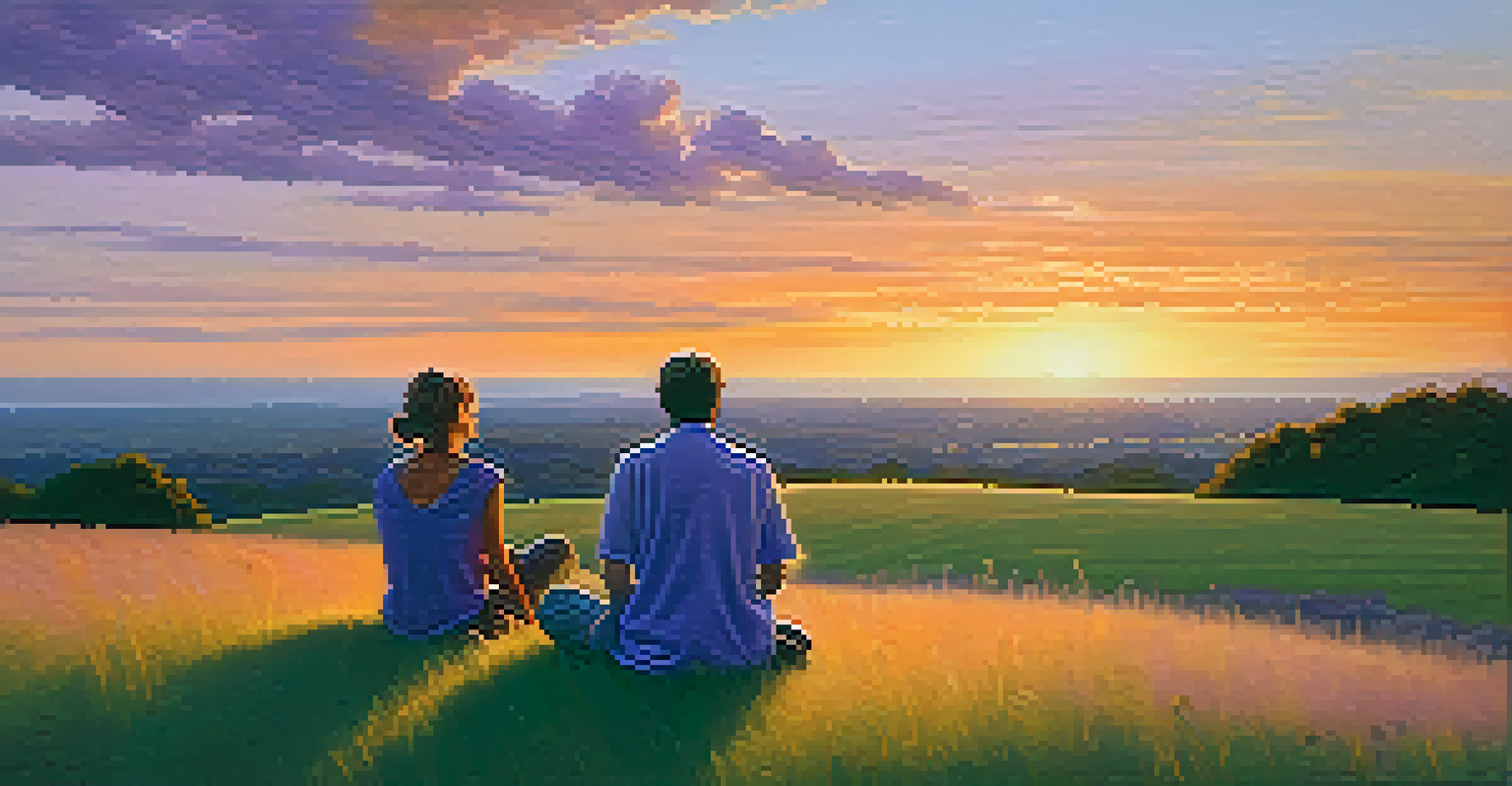 Two individuals sitting on a hill during sunset, engaging in a deep and mindful conversation.