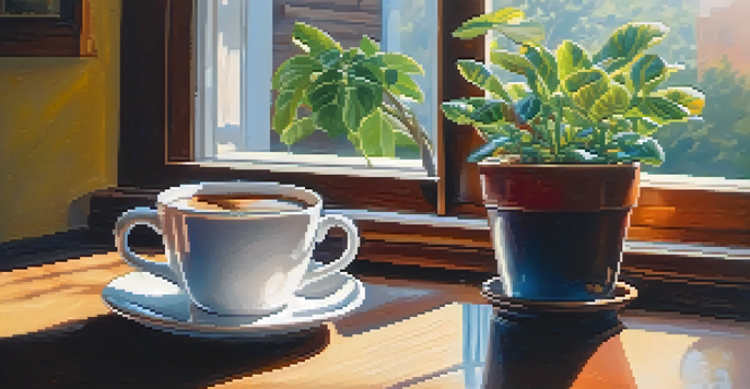A cup of steaming coffee on a wooden table with sunlight shining through a window and a potted plant in the background.