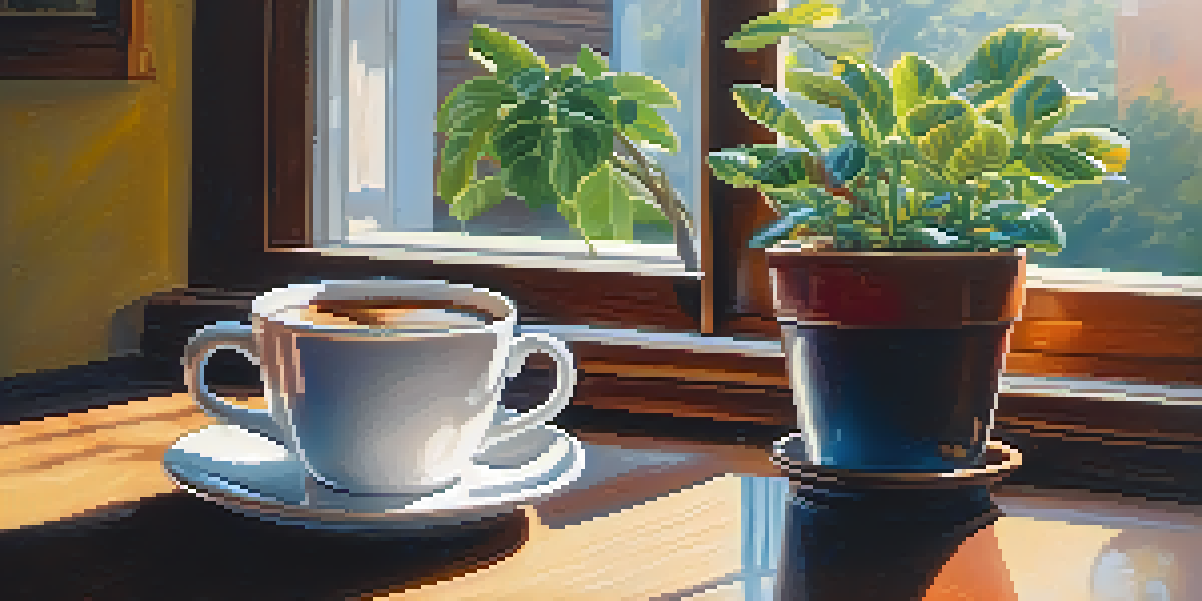 A cup of steaming coffee on a wooden table with sunlight shining through a window and a potted plant in the background.