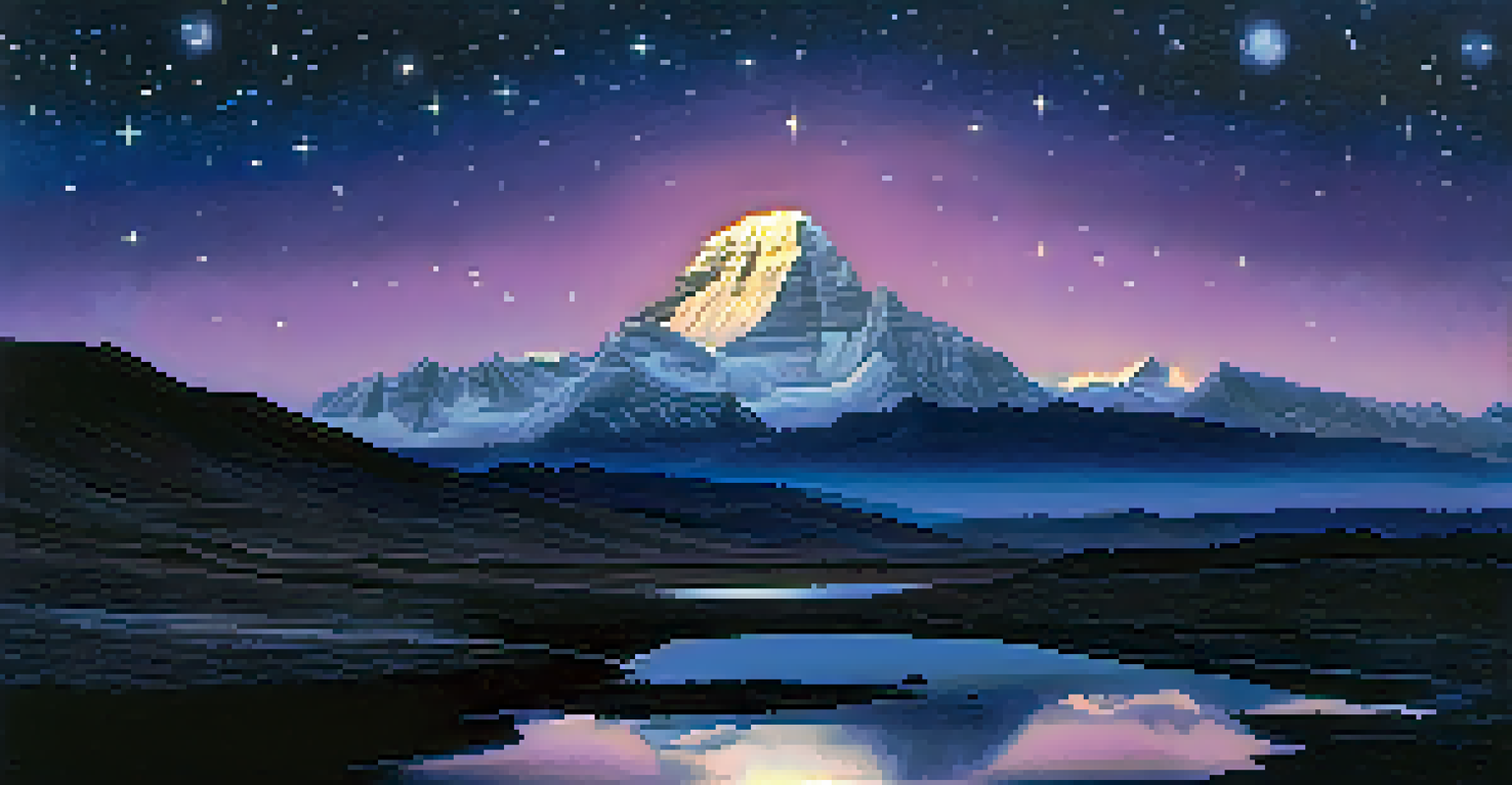 Mount Kailash at twilight with a starry sky and a reflecting lake, surrounded by rocky terrain.