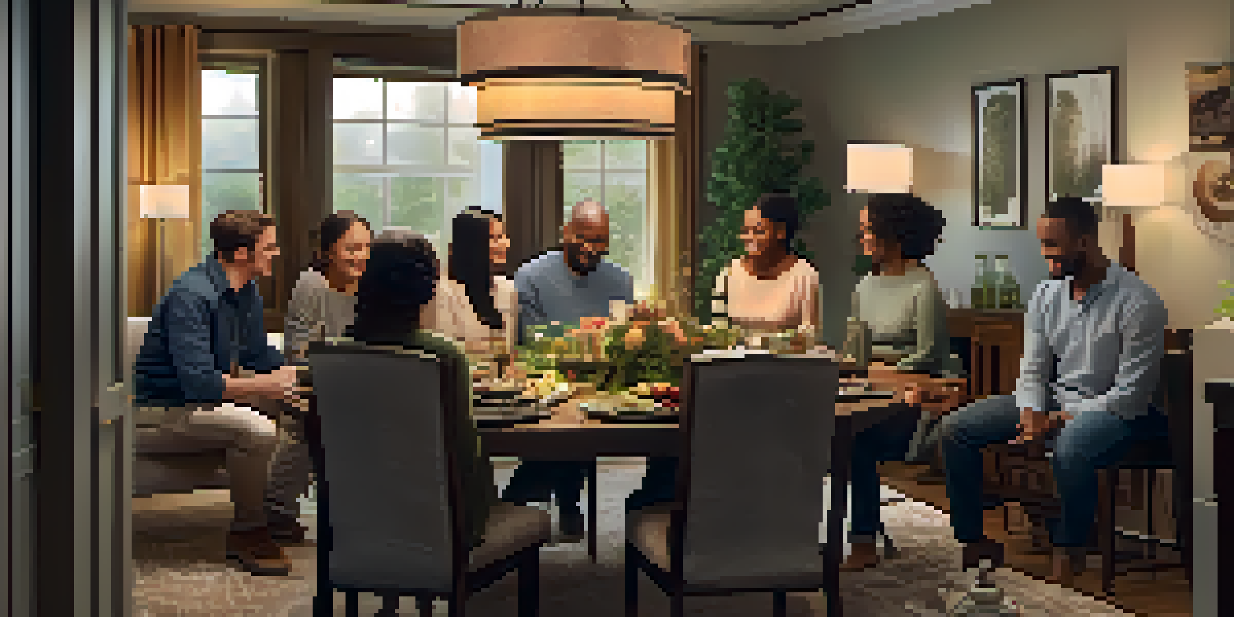 A family gathered in a cozy living room, smiling and engaging in prayer before dinner, with soft lighting and family photos around.