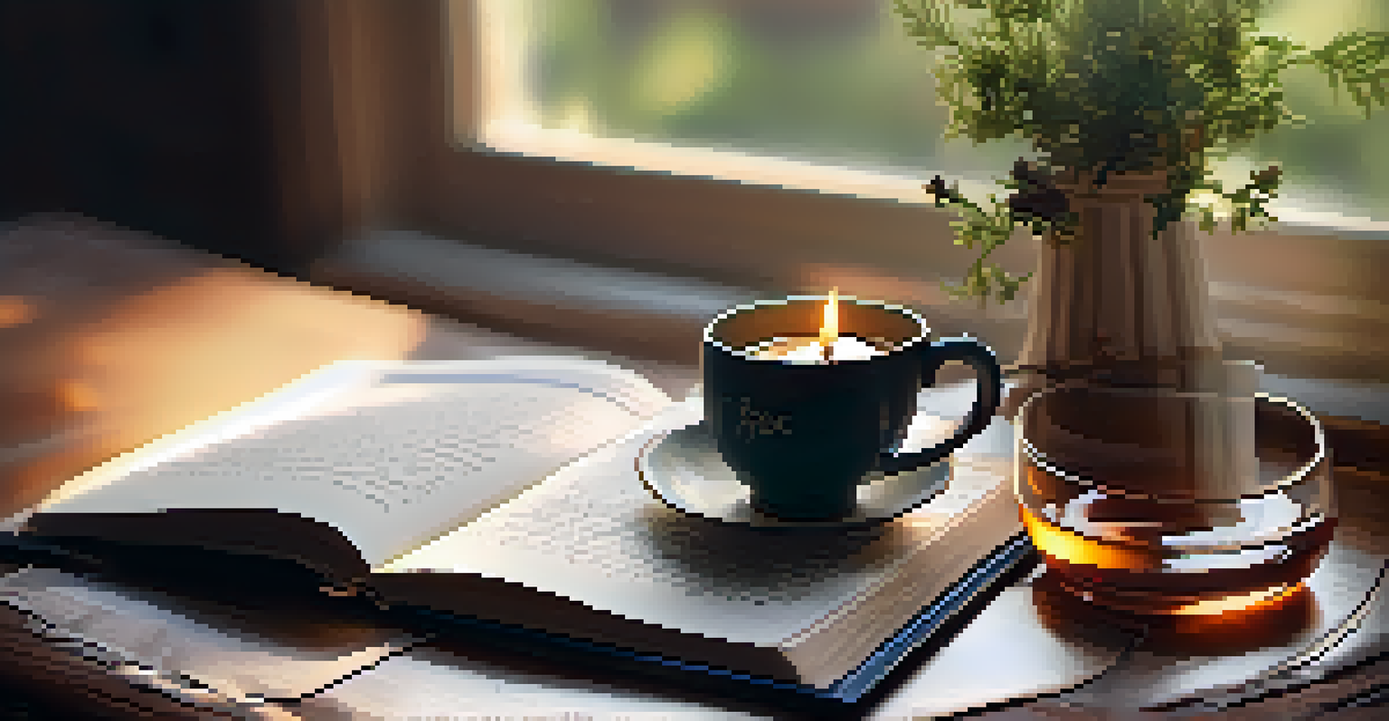 A prayer journal with handwritten notes, a cup of tea, and a candle on a wooden table.