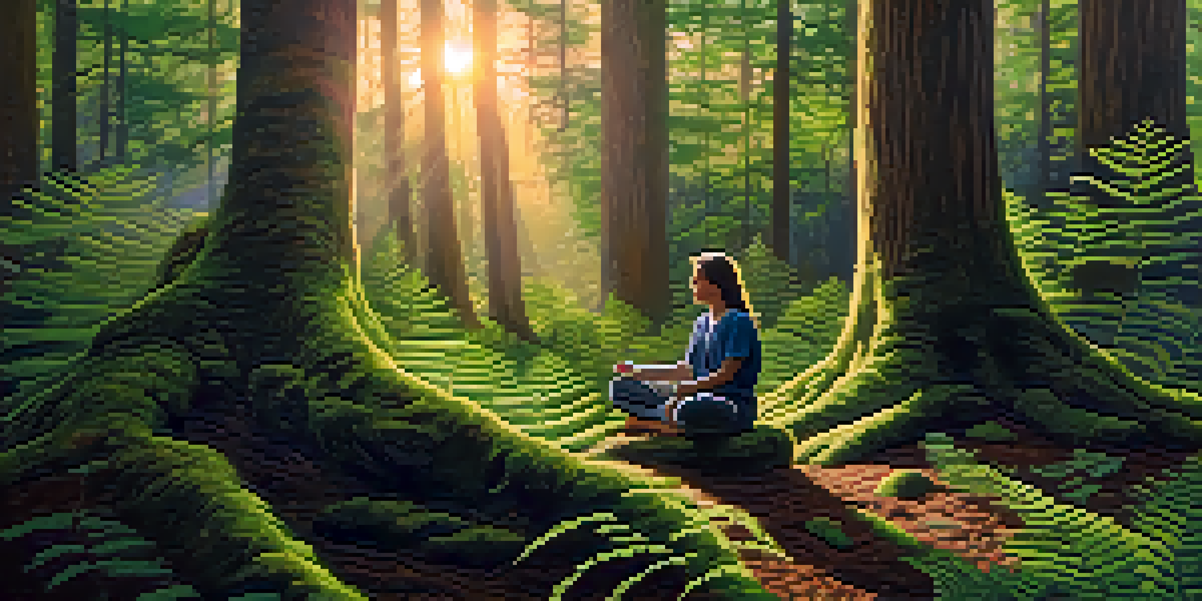 A person meditating in a tranquil forest during sunset, with sunlight streaming through the leaves.