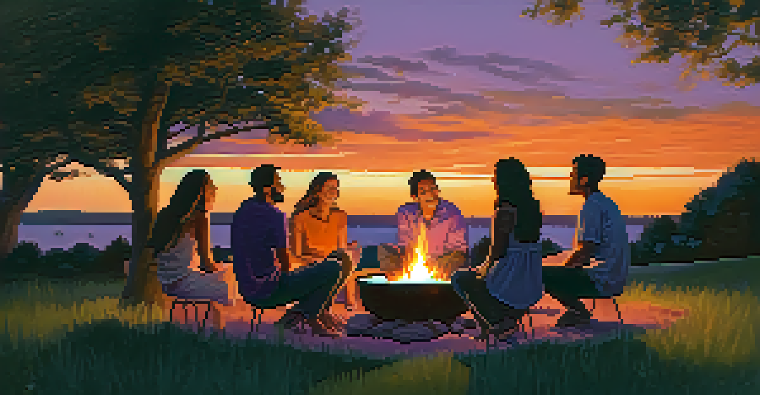A group of friends enjoying a sunset around a fire pit, with vibrant orange and purple skies in the background.
