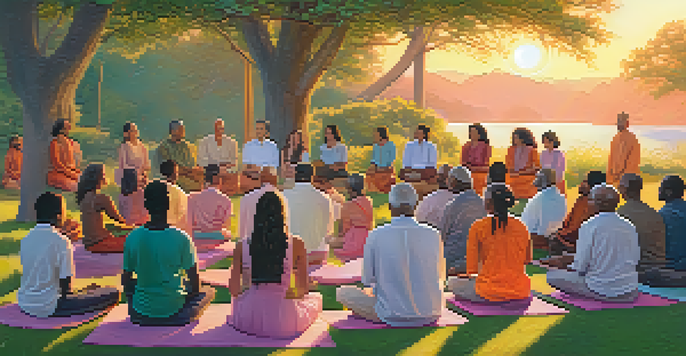 A diverse group of individuals meditating together outdoors during sunset, surrounded by lush greenery.