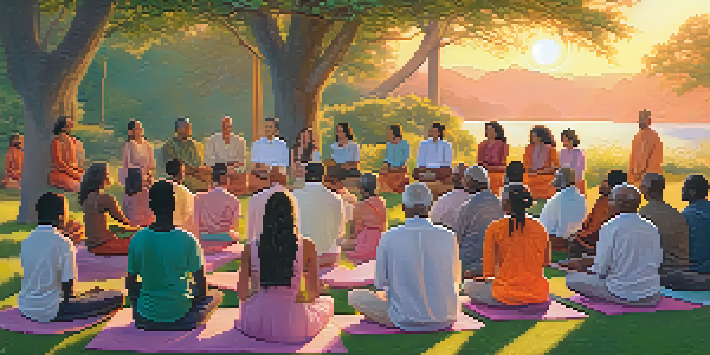 A diverse group of individuals meditating together outdoors during sunset, surrounded by lush greenery.