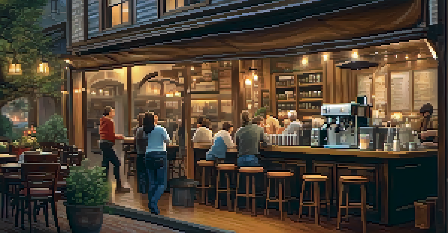 A coffee shop interior with a barista making a latte, warm lighting, and customers at wooden tables.