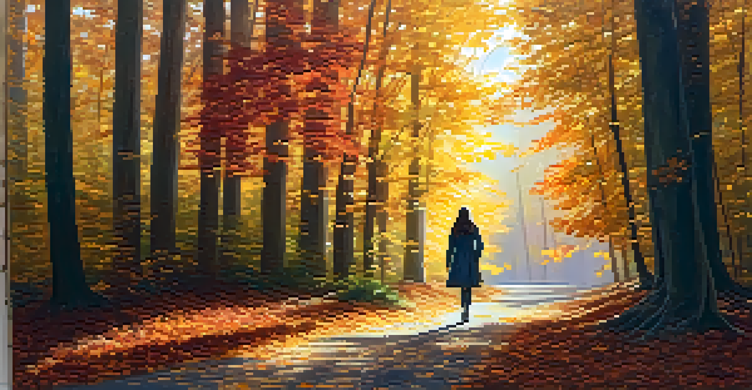 A woman mindfully walking on a forest path surrounded by autumn leaves and sunlight.