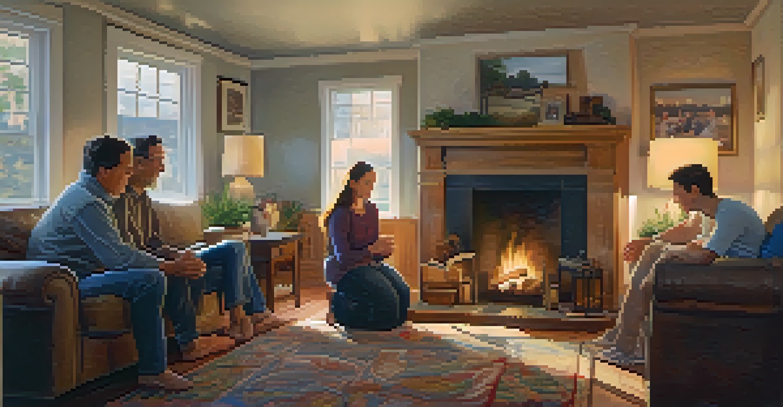 A family holding hands in a circle, eyes closed in prayer in a cozy living room with a warm atmosphere.