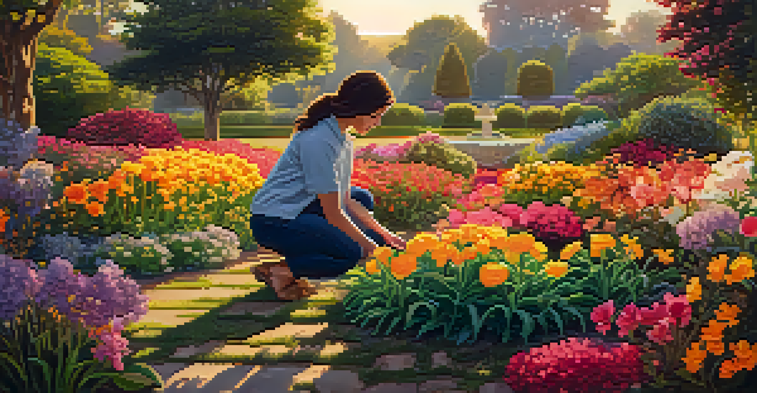 A vibrant garden with colorful flowers and a person kneeling to remove weeds, symbolizing self-forgiveness in warm, golden hour light.
