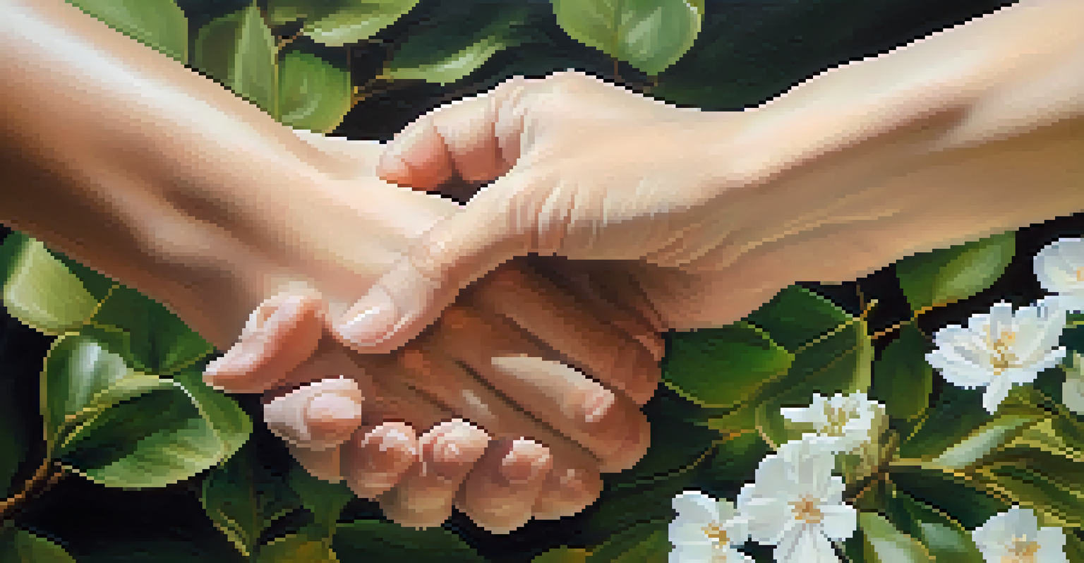A close-up of two hands gently touching, symbolizing connection and understanding against a blurred nature background.