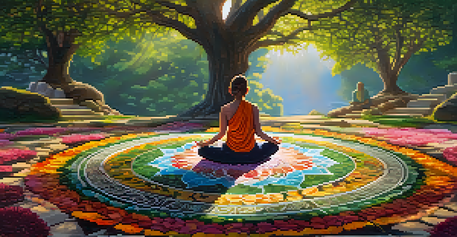 A person meditating outdoors next to a large, colorful mandala made of natural materials, surrounded by trees.