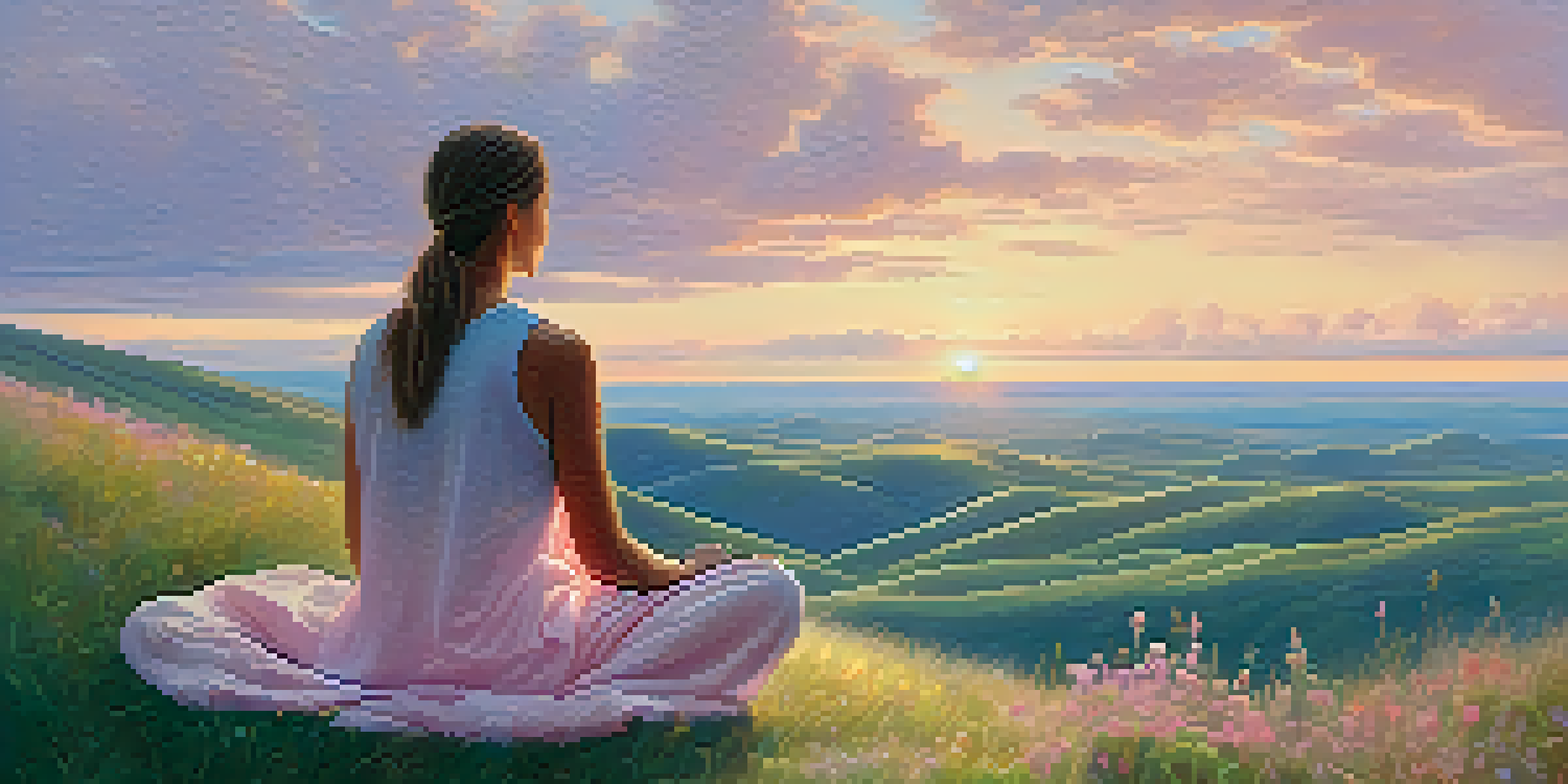 A person meditating on a grassy hill at sunrise, surrounded by wildflowers and a colorful sky.
