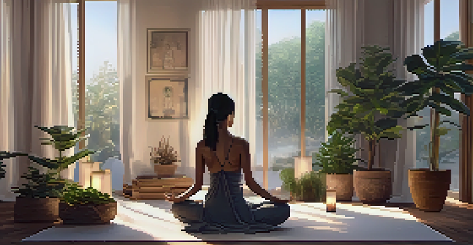 A person meditating in a peaceful indoor space surrounded by plants and candles, with soft lighting and a serene ambiance.