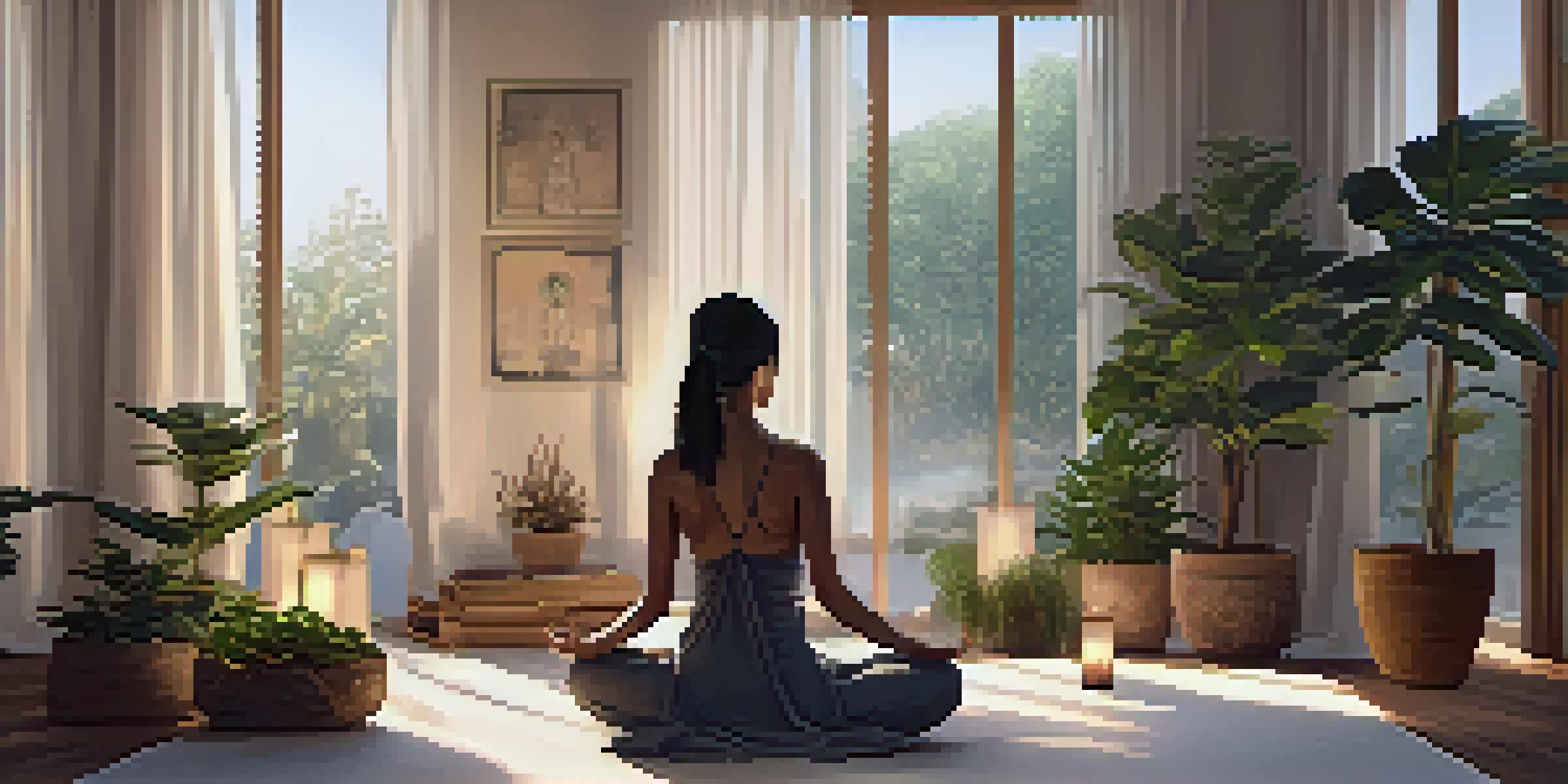 A person meditating in a peaceful indoor space surrounded by plants and candles, with soft lighting and a serene ambiance.