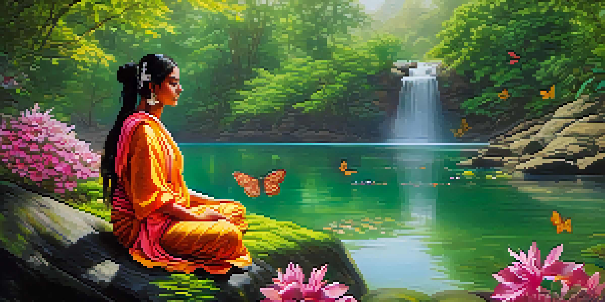 A peaceful forest landscape with a river, sunlight filtering through leaves, and a person meditating in traditional attire on a rock.