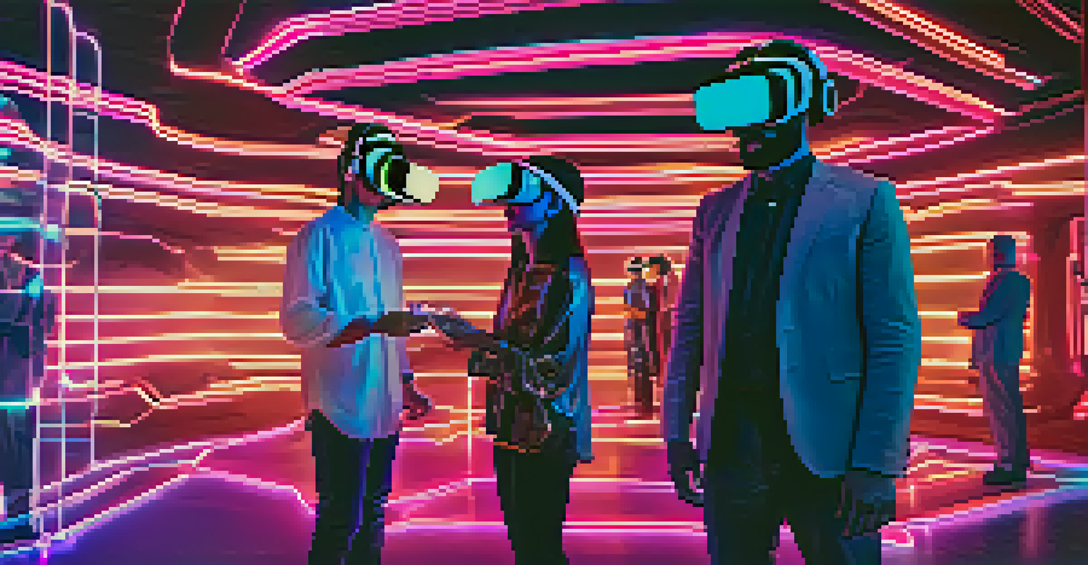 Individuals participating in a virtual reality spiritual gathering with holographic light patterns and symbols around them.