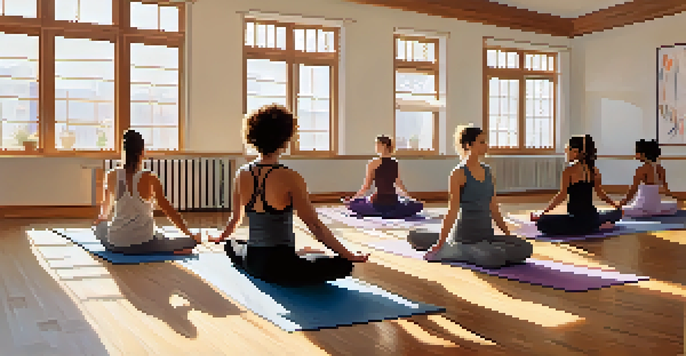 A group of diverse individuals practicing yoga in a sunlit studio, promoting body acceptance and unity.