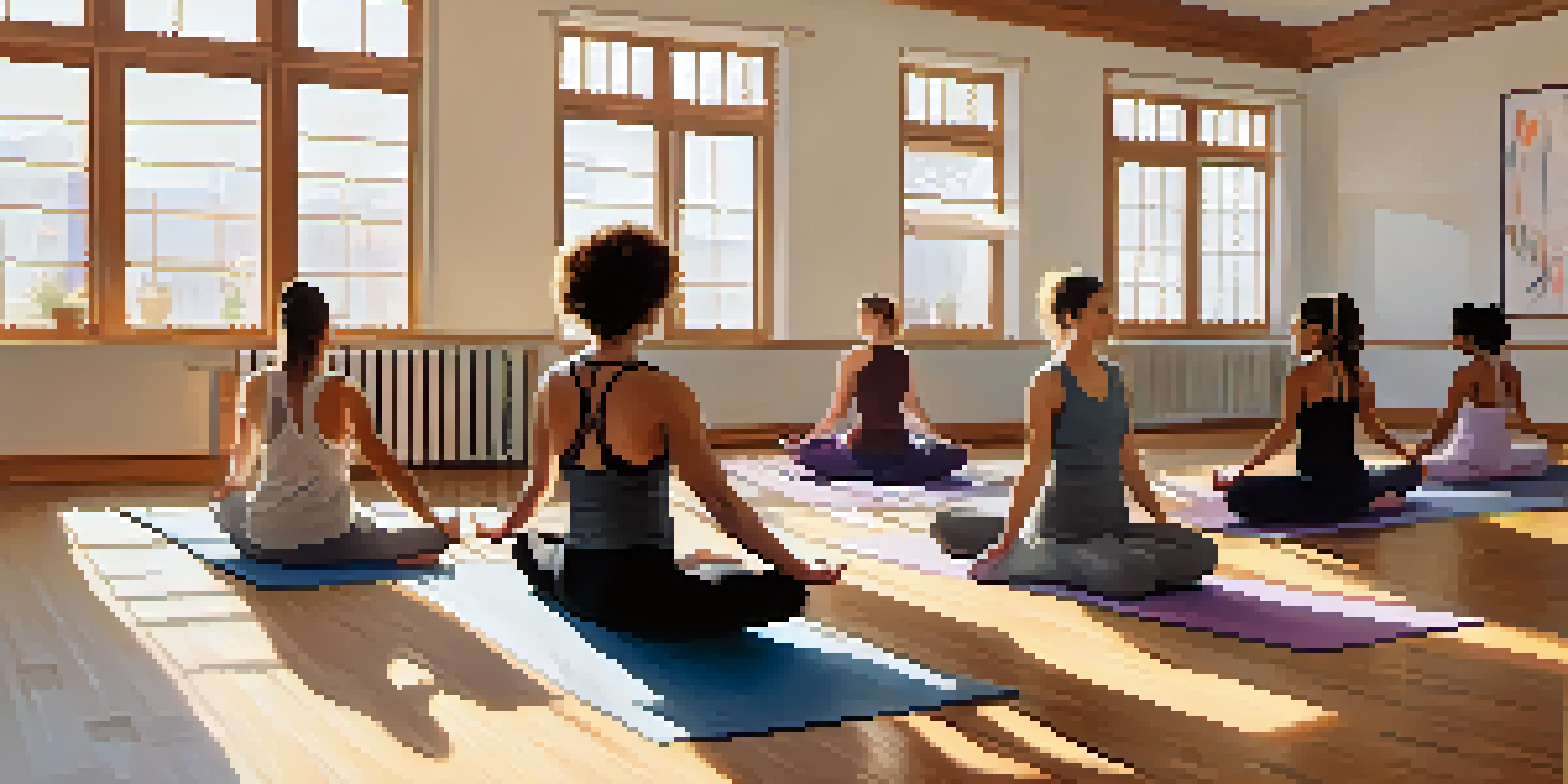 A group of diverse individuals practicing yoga in a sunlit studio, promoting body acceptance and unity.
