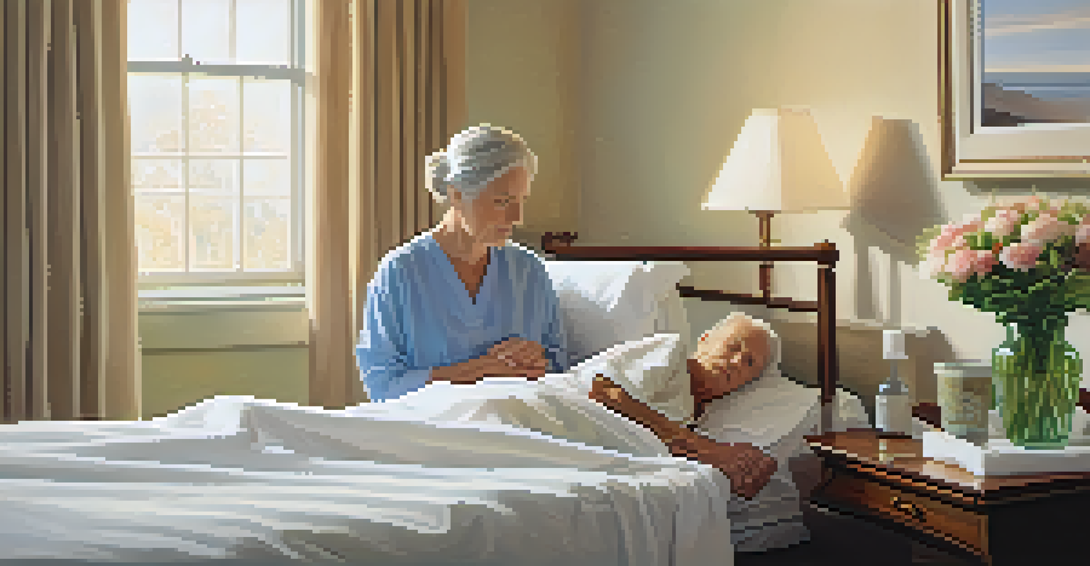 A caregiver holding the hand of an elderly person in a softly lit hospital room, conveying a sense of peace and comfort.