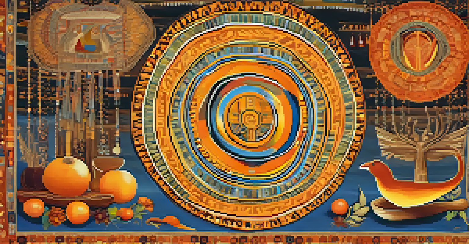 A vibrant tapestry filled with cultural symbols and spiritual motifs against a warm background.