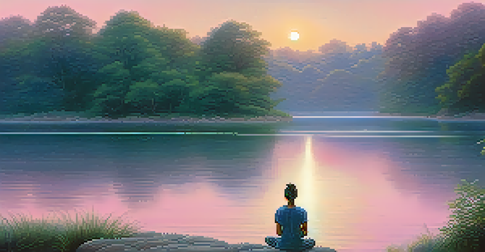 A tranquil scene of a lake at sunrise with a person meditating by the water's edge, surrounded by greenery.