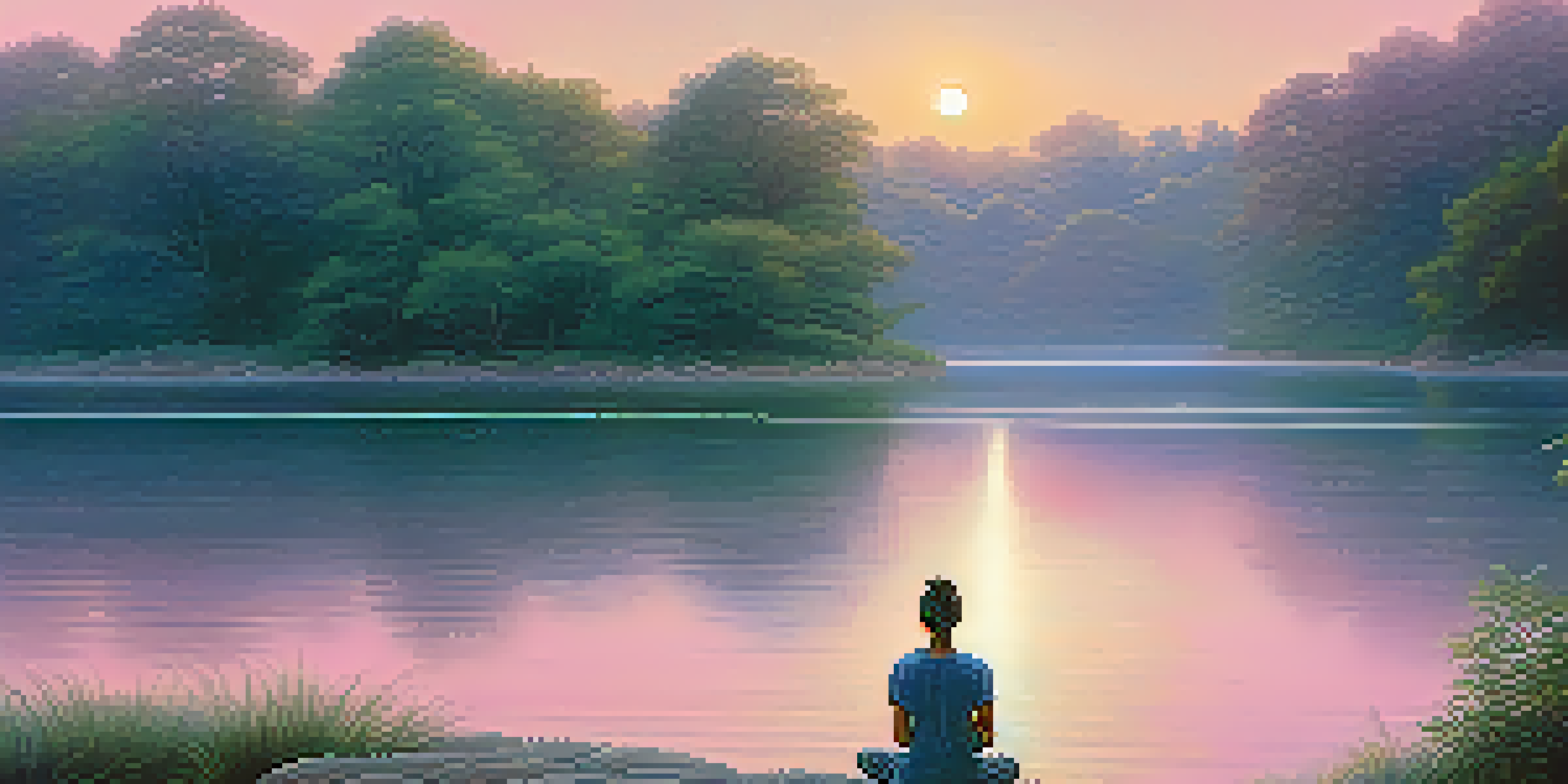 A tranquil scene of a lake at sunrise with a person meditating by the water's edge, surrounded by greenery.