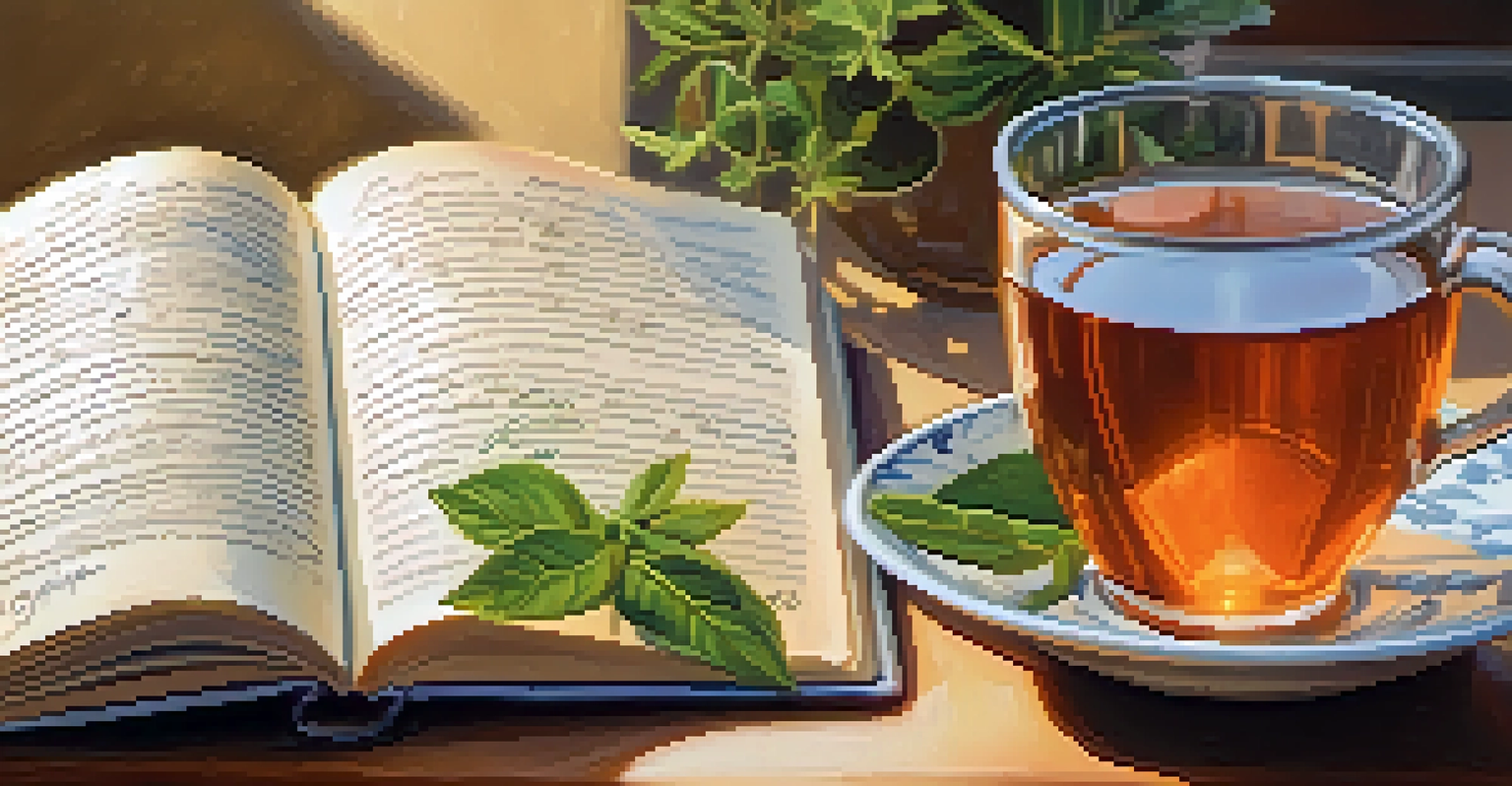 An open journal with handwritten notes and a cup of tea in soft sunlight.