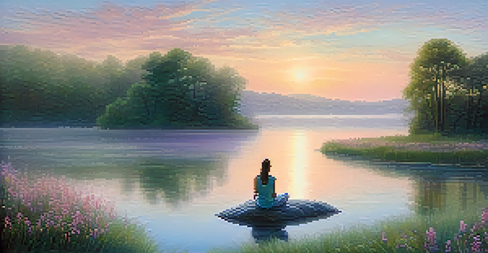 A person meditating on a rock by a misty lake at dawn, surrounded by trees and wildflowers.