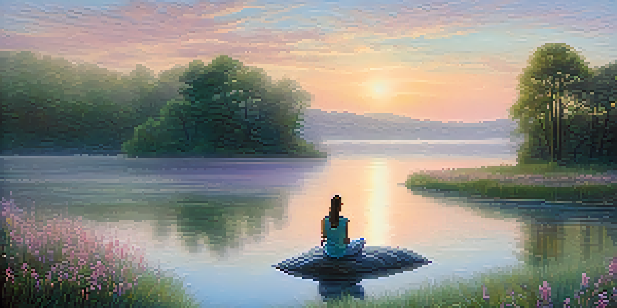 A person meditating on a rock by a misty lake at dawn, surrounded by trees and wildflowers.
