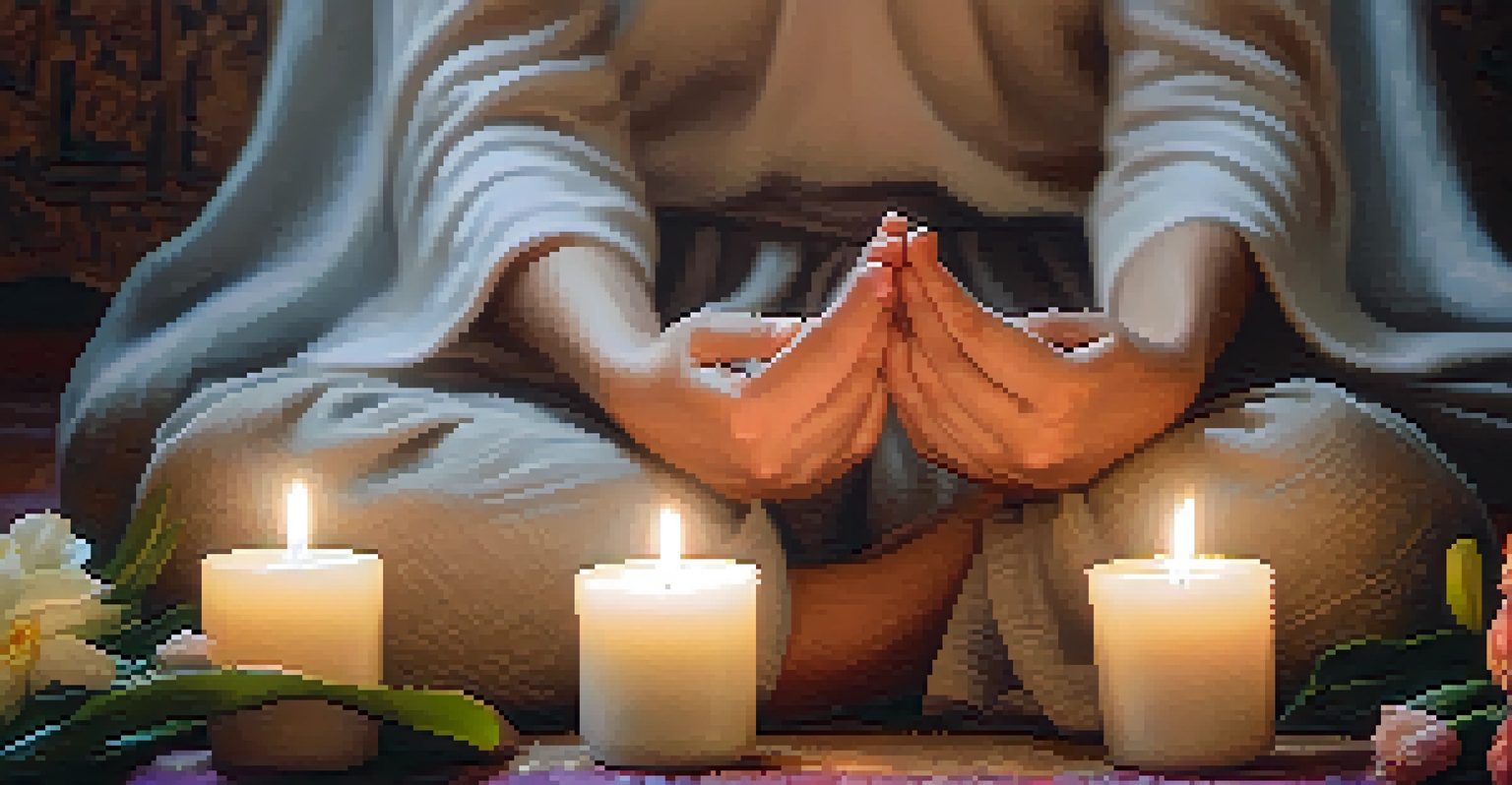 Close-up of meditative hands surrounded by flowers and candles in a calming environment.