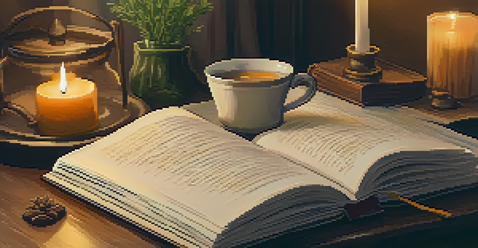 A cozy indoor space with a candle, journal, and cup of tea, creating a warm and inviting atmosphere.