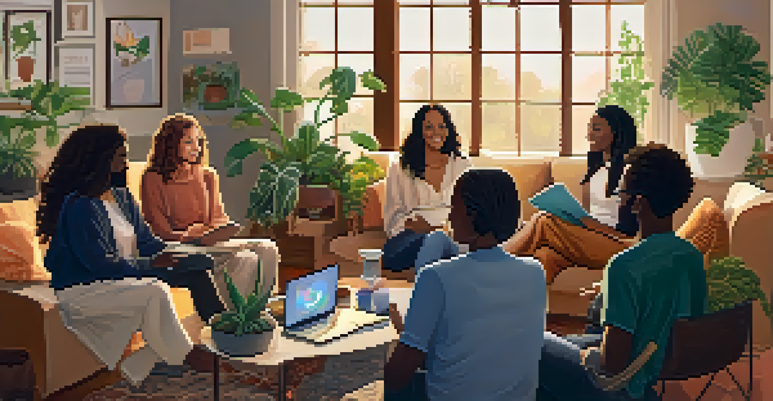 A group of friends discussing spirituality together with laptops and a podcast playing.