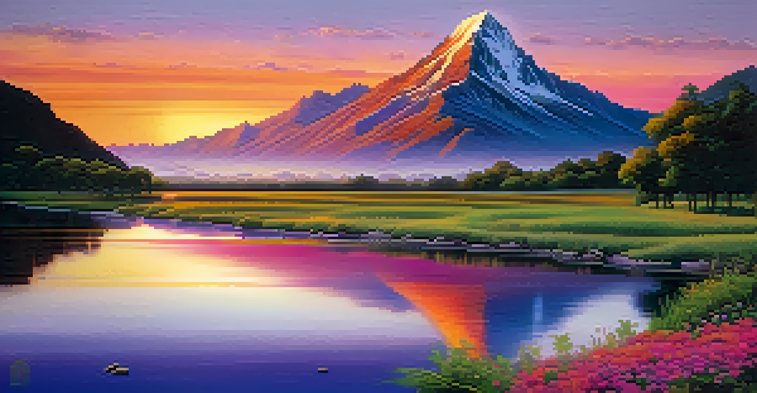 A sacred mountain at sunset with a river reflecting the vibrant sky and figures meditating at its base.